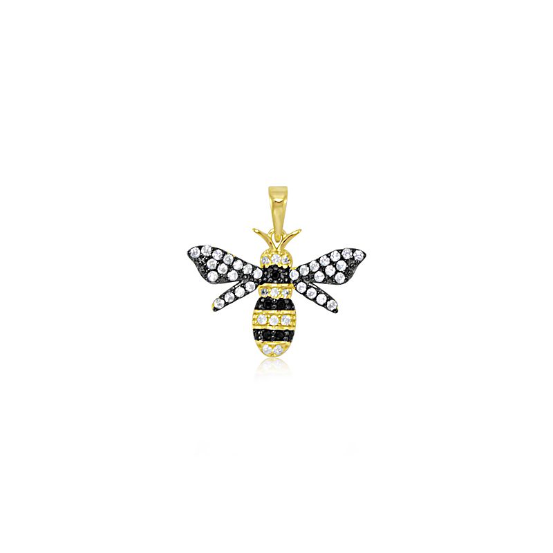 Colourful Black & Yellow CZ Bee Pendant - Sterling Silver - Click Image to Close